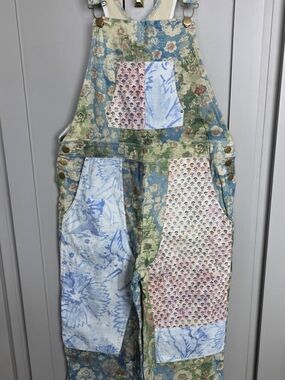 Women's Floral Patchwork Overalls in Blue, Green, Pink. Size Small.